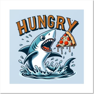 Funny Shark with Pizza, Pizza Lover Posters and Art